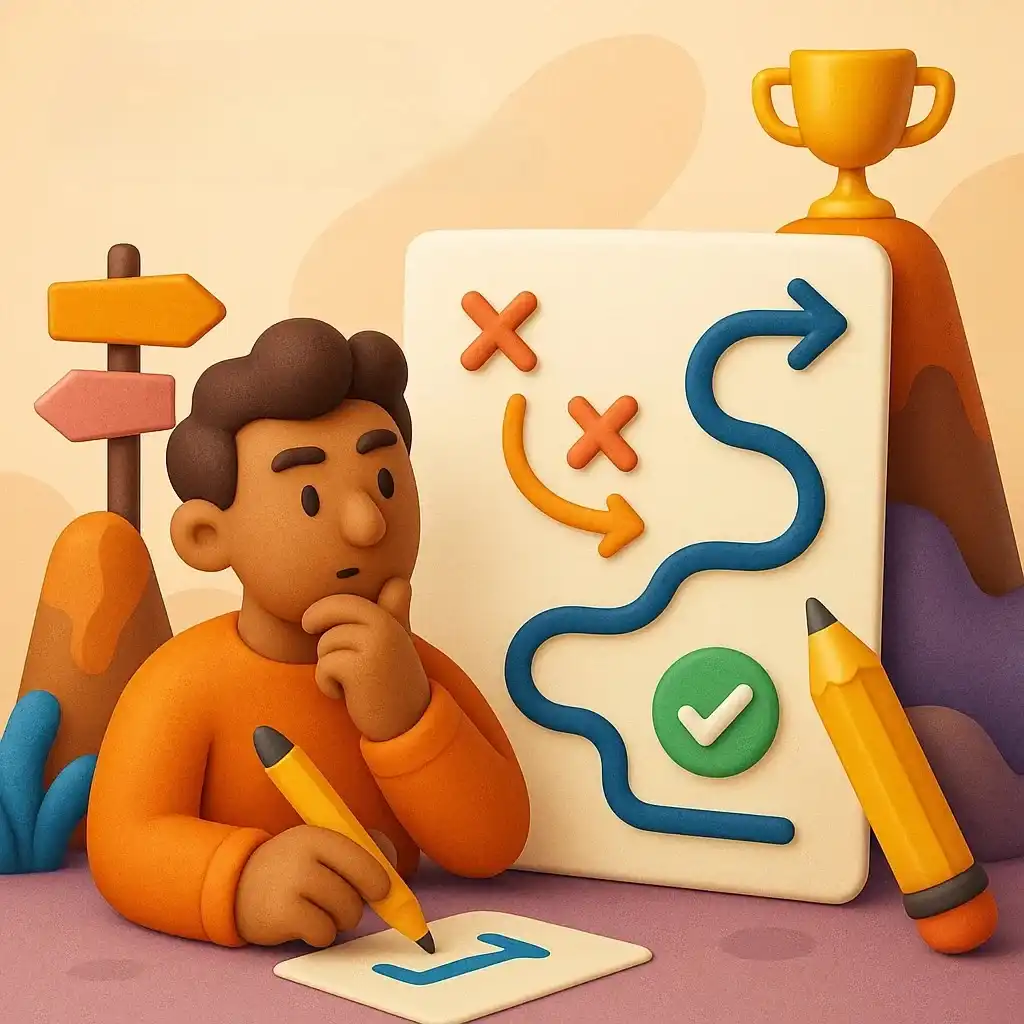 A 3D cartoon figure in an orange sweater contemplates while holding a pencil.