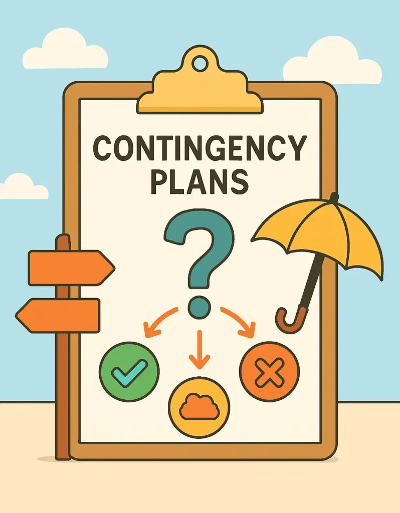 Cartoon clipboard labeled "CONTINGENCY PLANS" showing a question mark with arrows pointing to three options: a green checkmark, yellow cloud, and orange X.