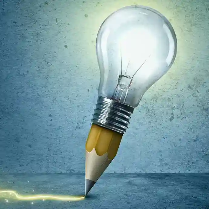 A lightbulb with a pencil base draws a glowing line on a textured blue surface, symbolizing creativity and innovation. 