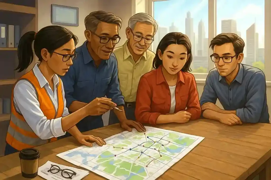 Five diverse professionals engage in decision-making in a bright office with a city skyline view.
