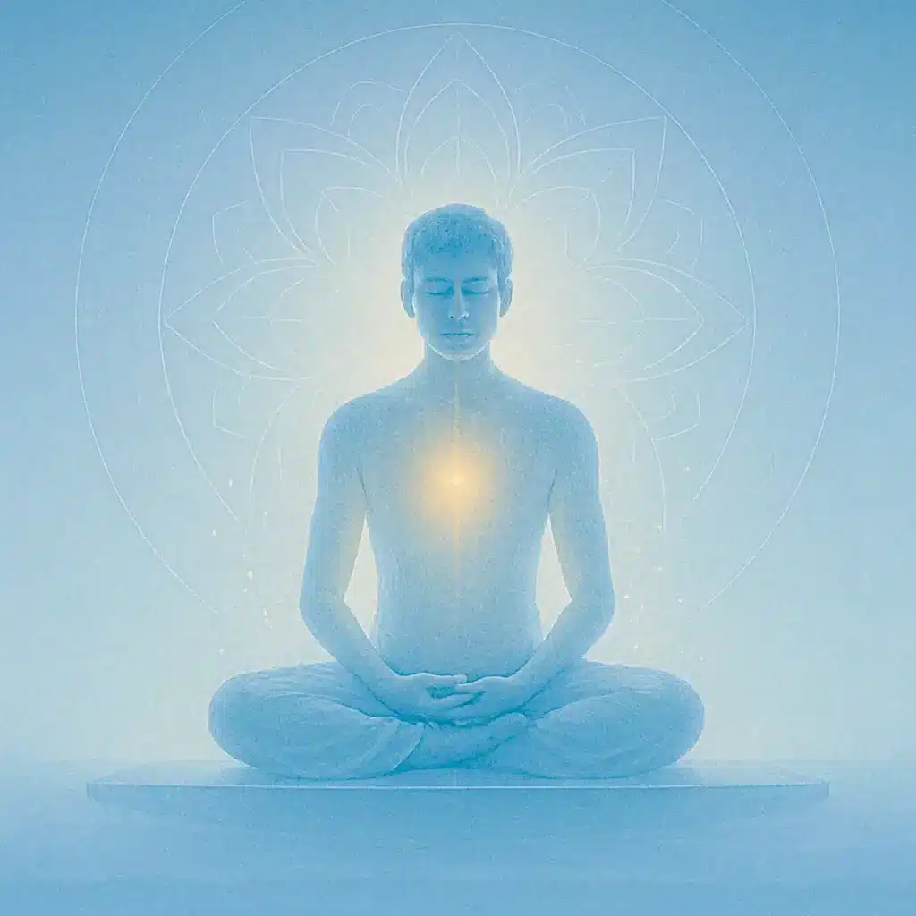 A serene figure meditates in lotus position on a floating platform, glowing softly amid blue-white gradients with faint sacred geometry and dissolving edges.
