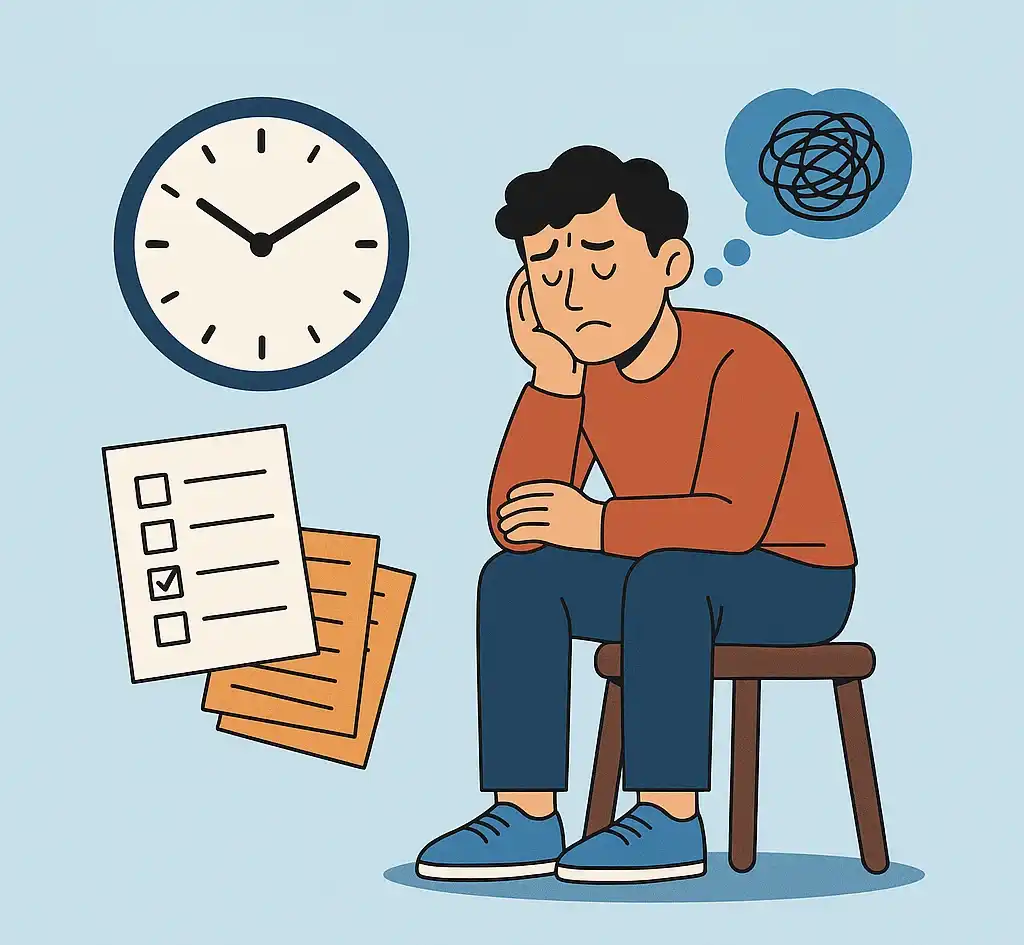 A worried man sits on a stool, hand on chin. A clock and checklist float nearby, with a scribble thought bubble overhead.