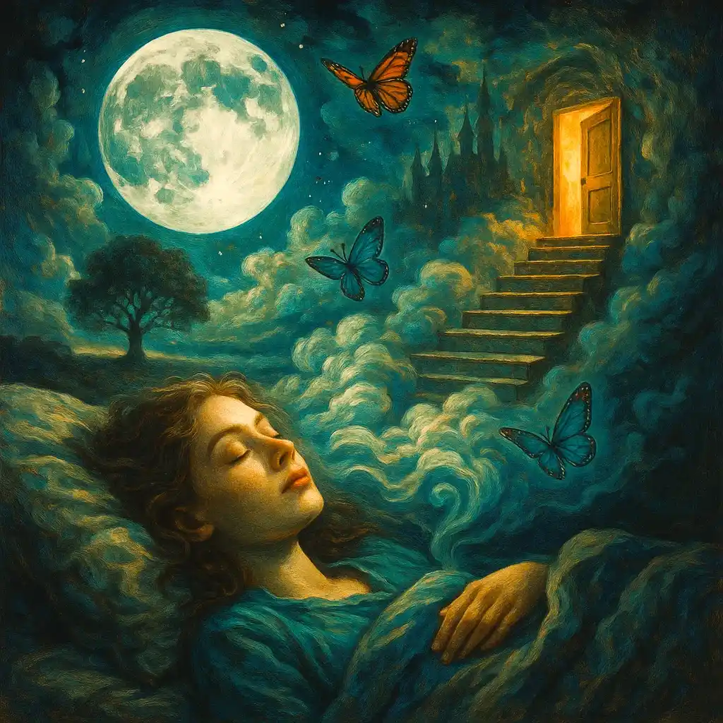 A woman sleeps under a full moon, with butterflies and a glowing staircase in the clouds.