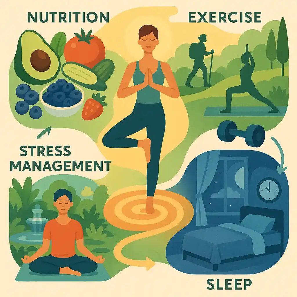 A colorful, flat-style digital illustration of the four pillars of a healthy lifestyle arranged in four interconnected quadrants to reinforce healthy habits and routines.