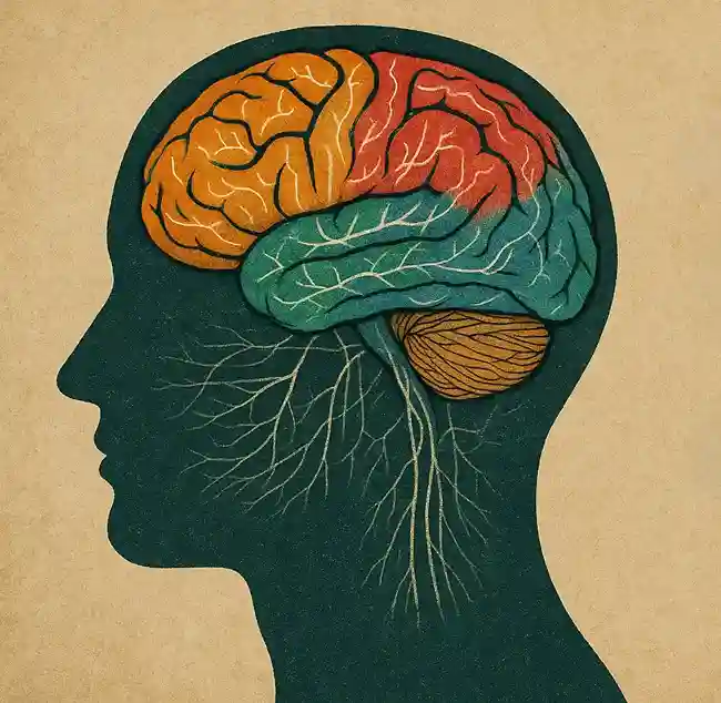 Stylized illustration depicting a brain within a head silhouette with colored regions and neural pathways extending downwards, visualizing how our mindset affects the choices we make.