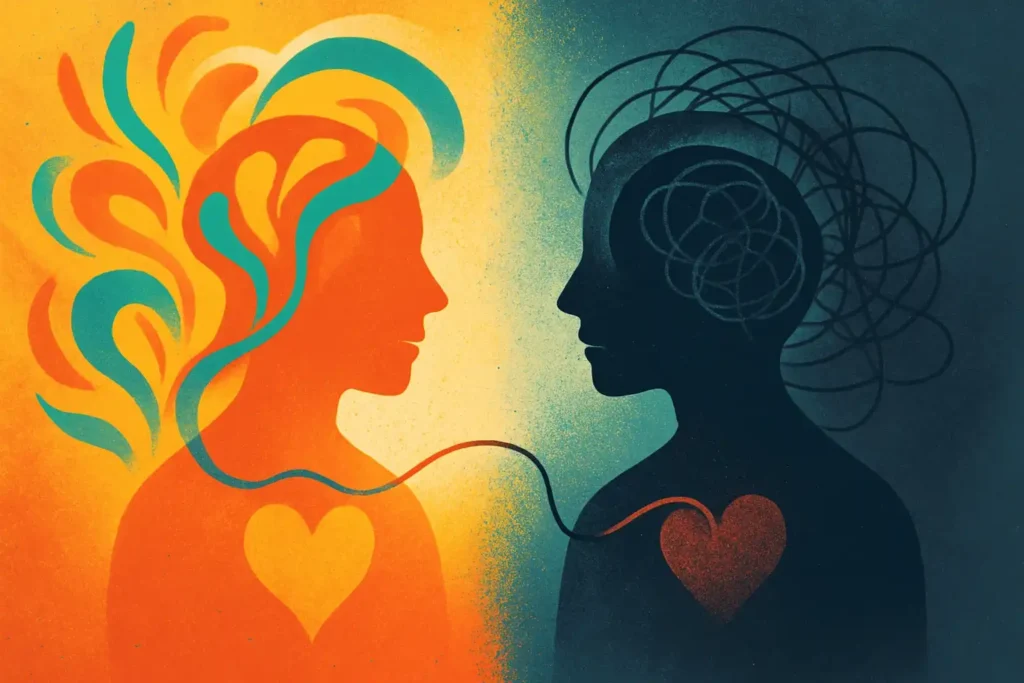 An abstract illustration of two silhouettes connected by a thread, one surrounded by colorful swirls of positivity and the other by dark lines of anxiety, with a background transitioning from vibrant to muted, reflecting the emotional impact of mindset.