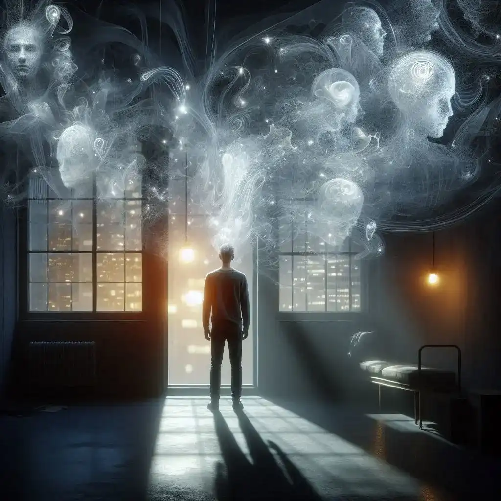 A person stands alone in a dim, empty room, the flickering overhead light casting shifting shadows, surrounded by overwhelming silence.