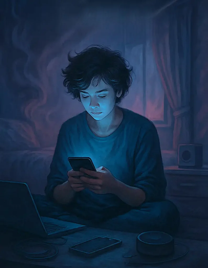 Disconnecting from technology and distractions: A person sits peacefully alone in a cozy, quiet room, phone set aside
