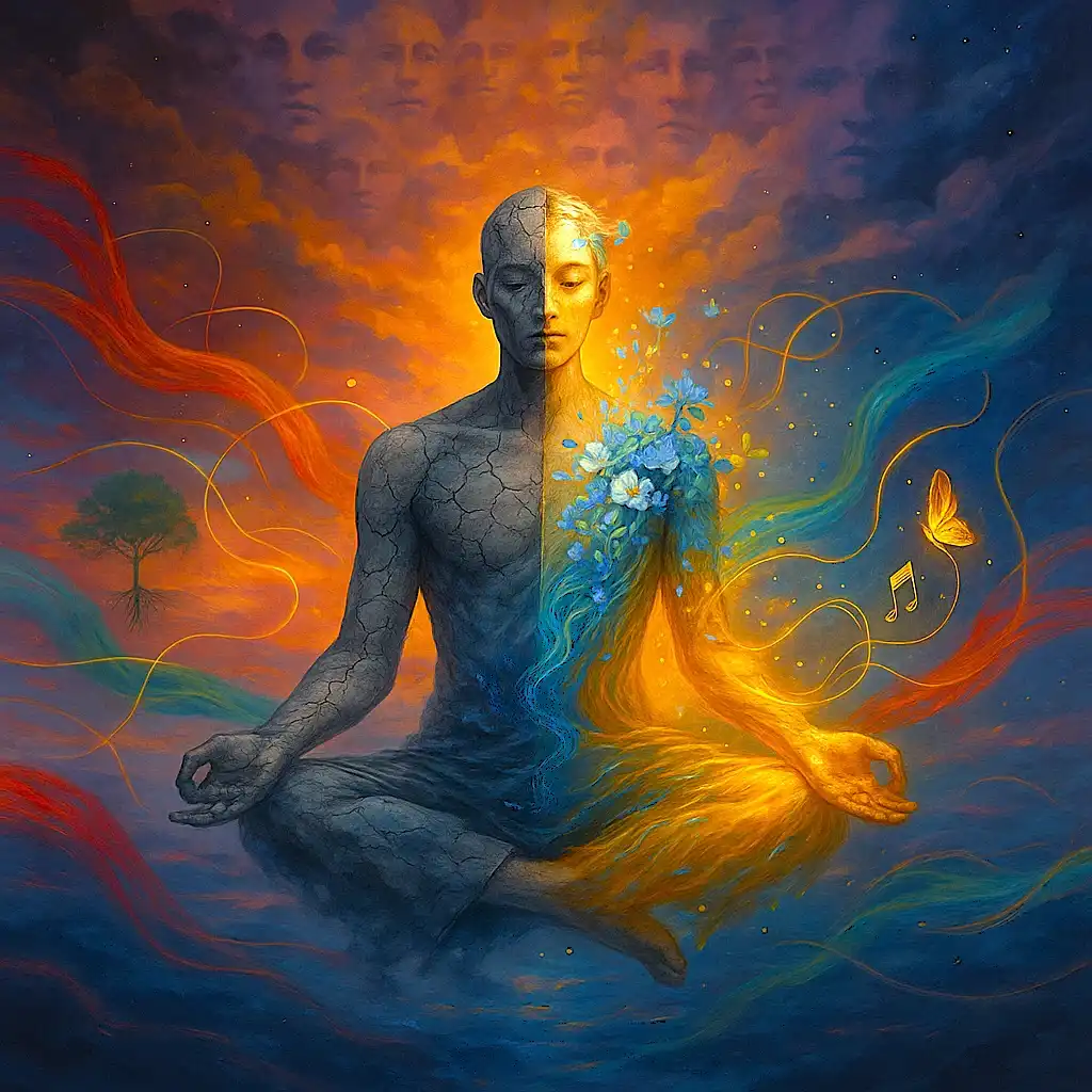 A figure meditates in dreamlike space, their body split between crumbling stone and golden light. Emotional clouds swirl around them, with symbols like upside-down trees and musical notes turning into butterflies, depicting journey of coping with uncomfortable emotions.
