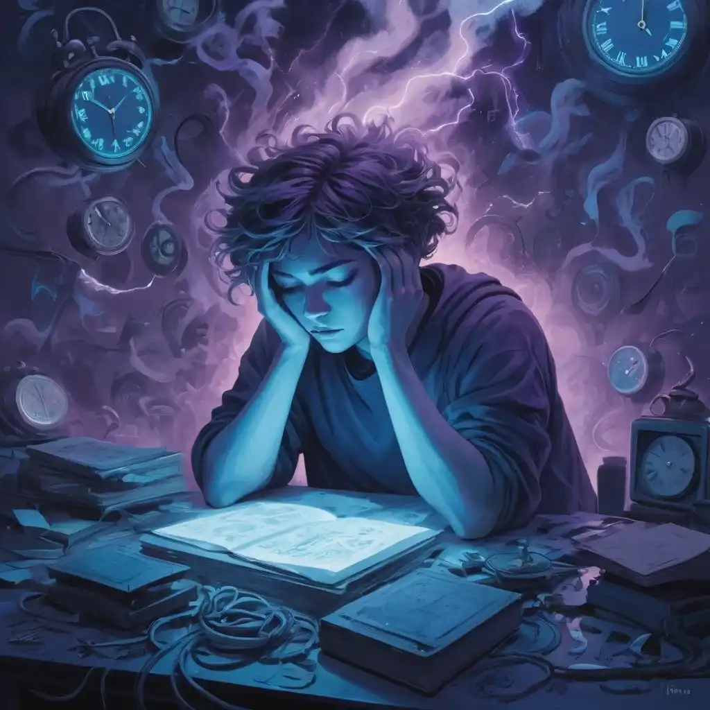 Person at cluttered desk, surrounded by clocks, showing decision fatigue.