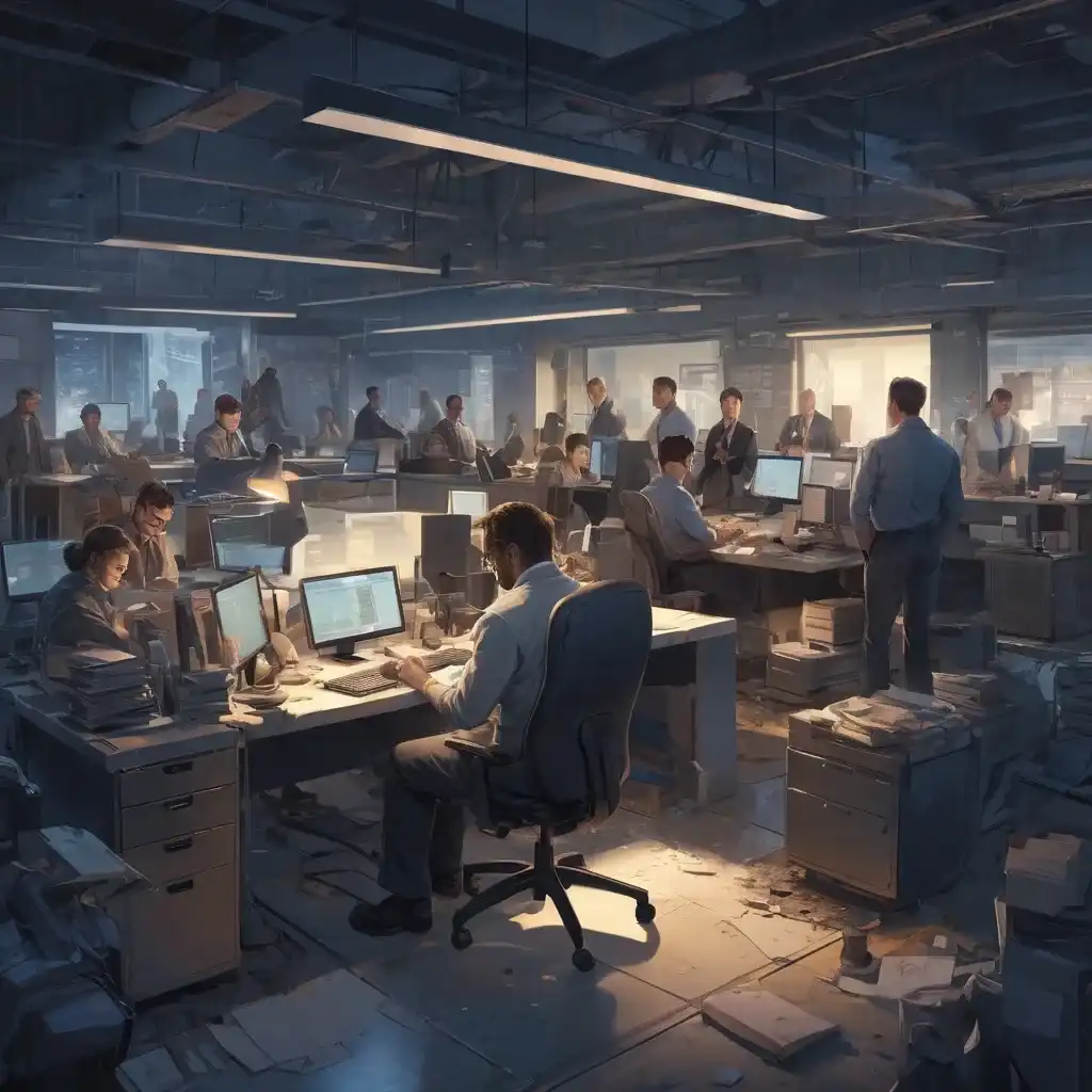 A dimly lit open office with employees at computer workstations under fluorescent lighting. Business professionals work at desks with scattered papers and supplies.