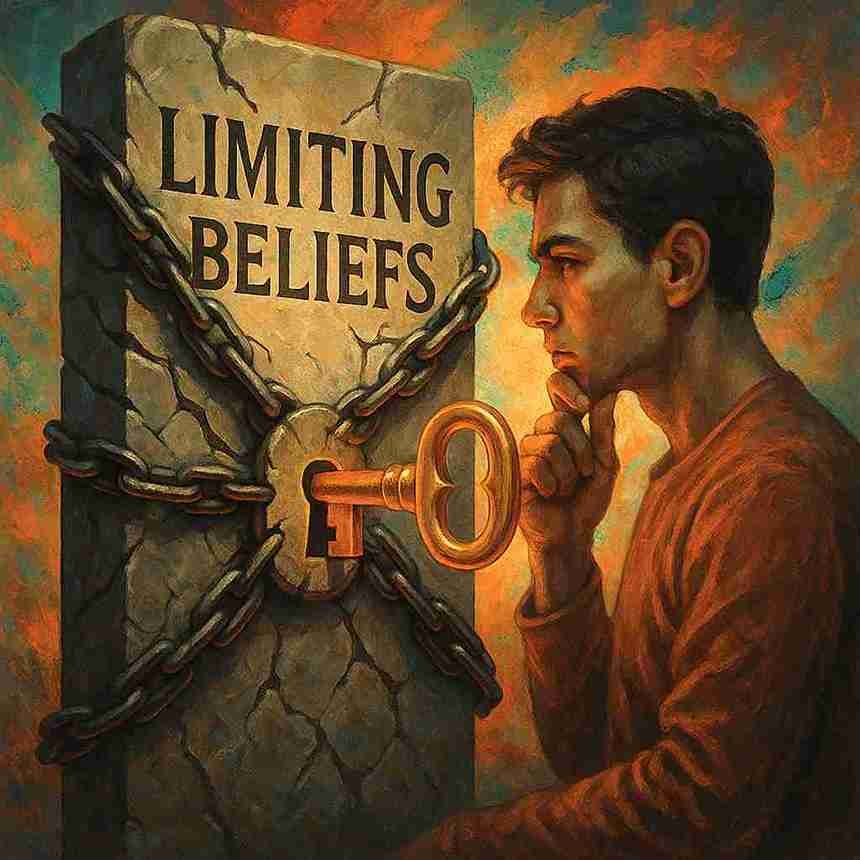 A man contemplates unlocking a chained stone labeled "LIMITING BELIEFS" with a golden key.
