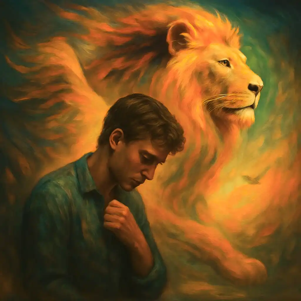 A figure stands in a glowing, surreal space, facing floating mirrors that reflect inner strengths and hidden beliefs.
