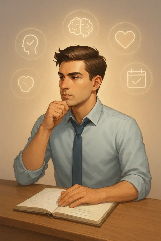 Semi-realistic illustration of a thoughtful man at a desk, surrounded by glowing icons representing self-discipline, focus, and emotional regulation.